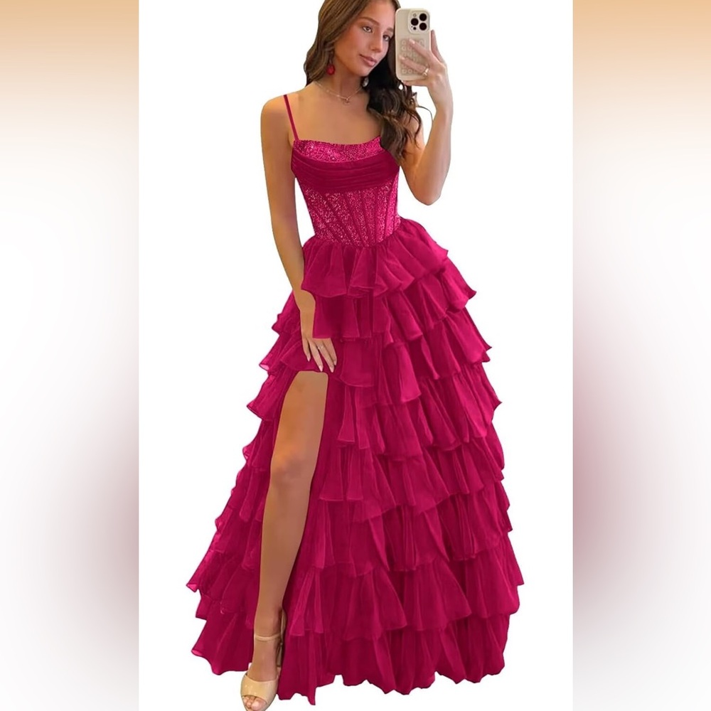 Elegant Fuchsia Ruffled Evening Dress